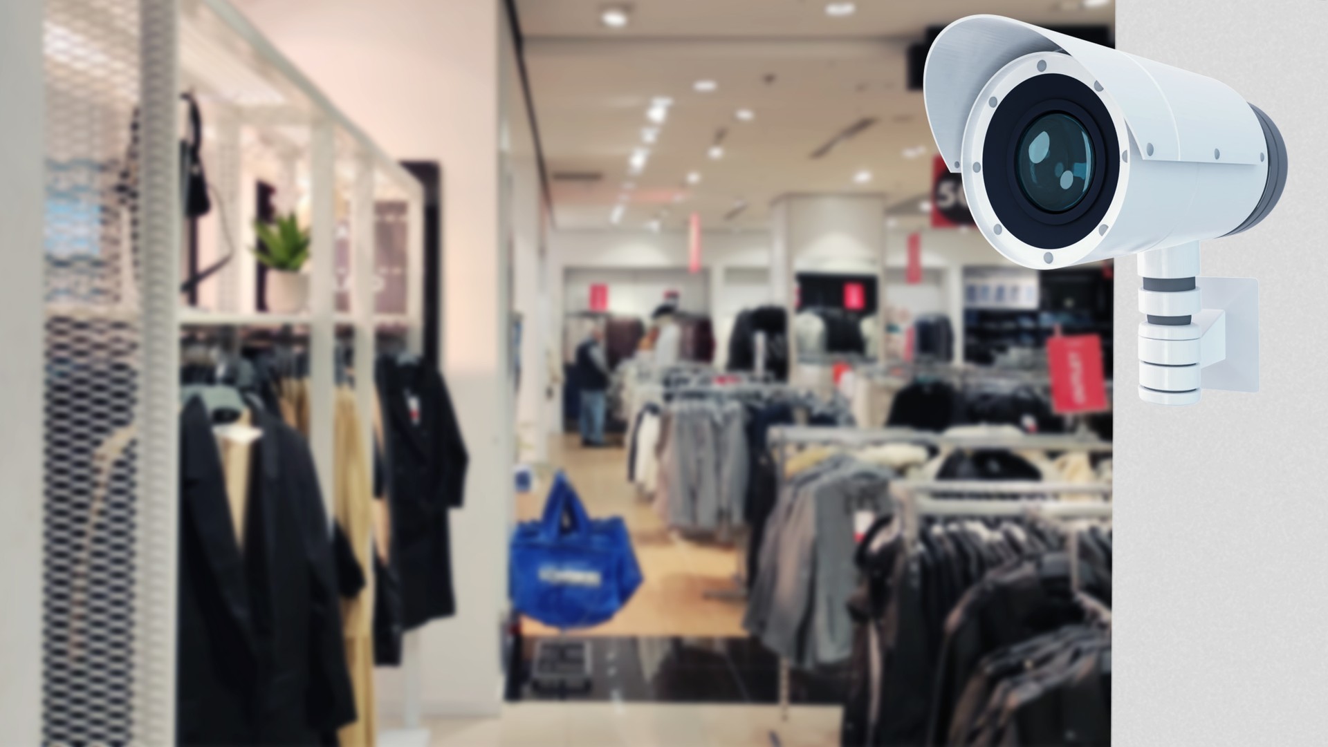 CCTV camera in store against the blured background of a clothing store.